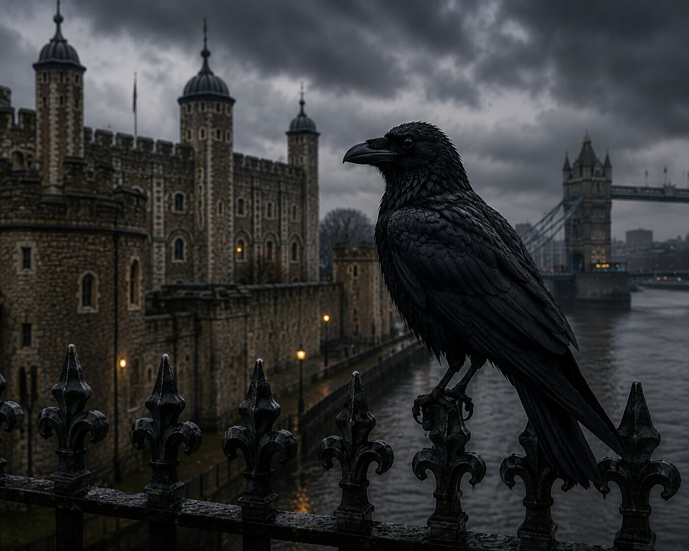 A raven perched on the railings outside the Tower of London with Tower Bridge in the distance