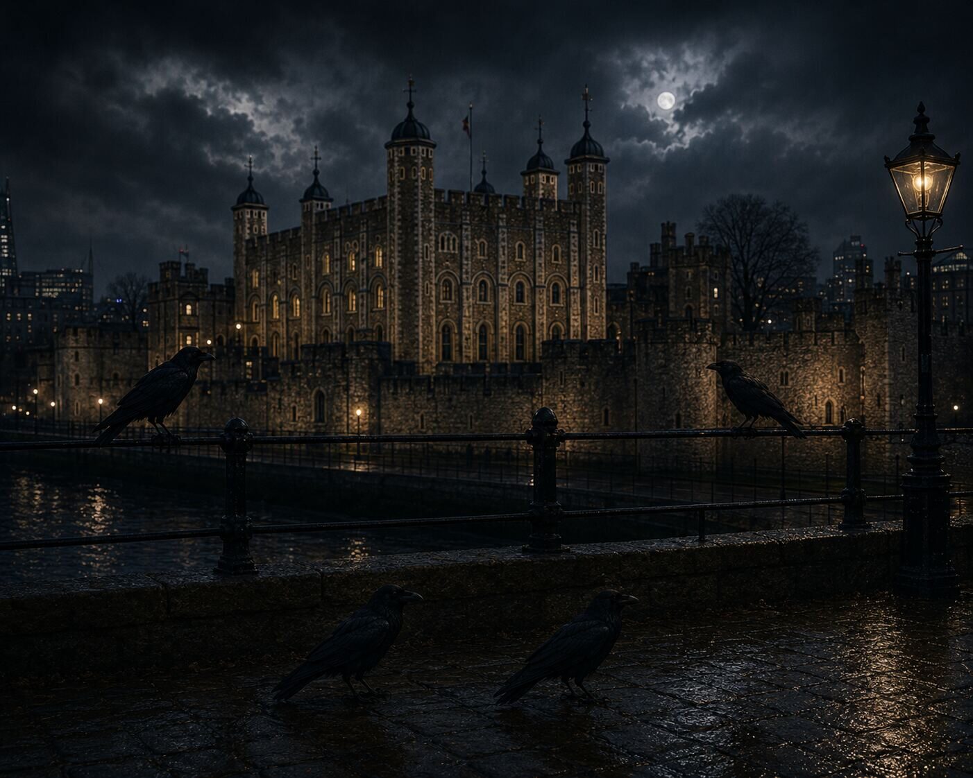 Four ravens gathered at the Tower of London by lamplight under a full moon