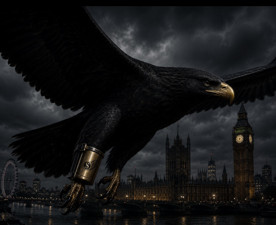 S.E.S Eagle in flight over London, carrying a golden message pod stamped with the winged S